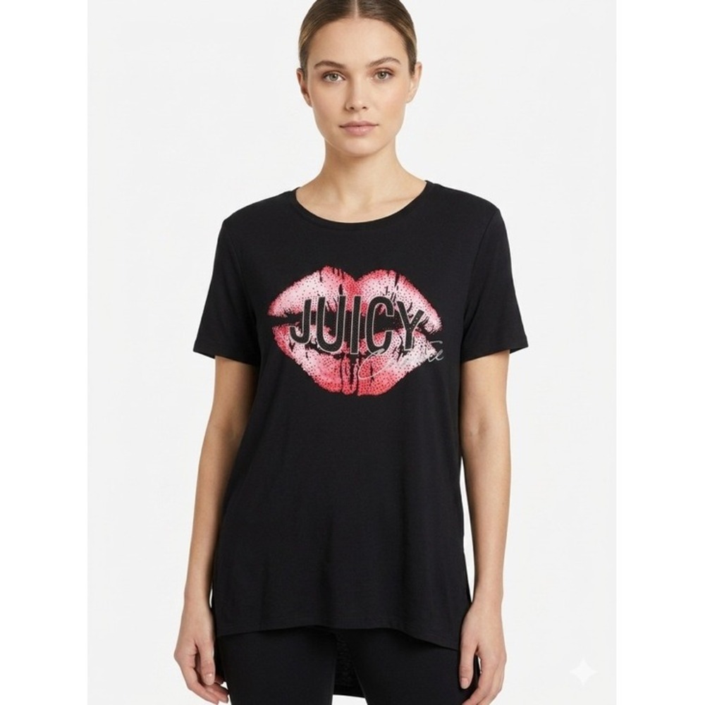 Juicy Couture Rhinestone Lip Graphic High-Low Tee - Black &‎ Pink Y2K Large
